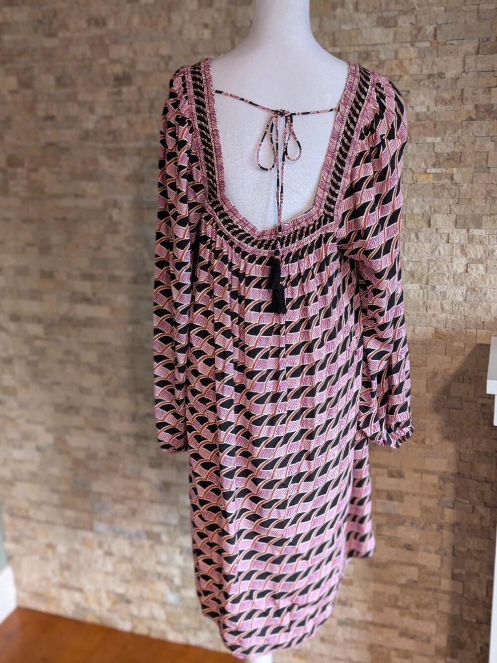 NWT Anthropologie Maeve Adrienne Geometric Tunic Dress L Smocked Tie Back $148